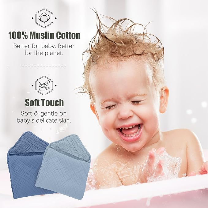 Spotted Play 2 Pack Hooded Baby Towels - 100% Muslin Cotton for Newborns, Infants, Toddlers - Large 32x32 Inch Size - Highly Absorbent and Essential for Newborn Care, Light Navy