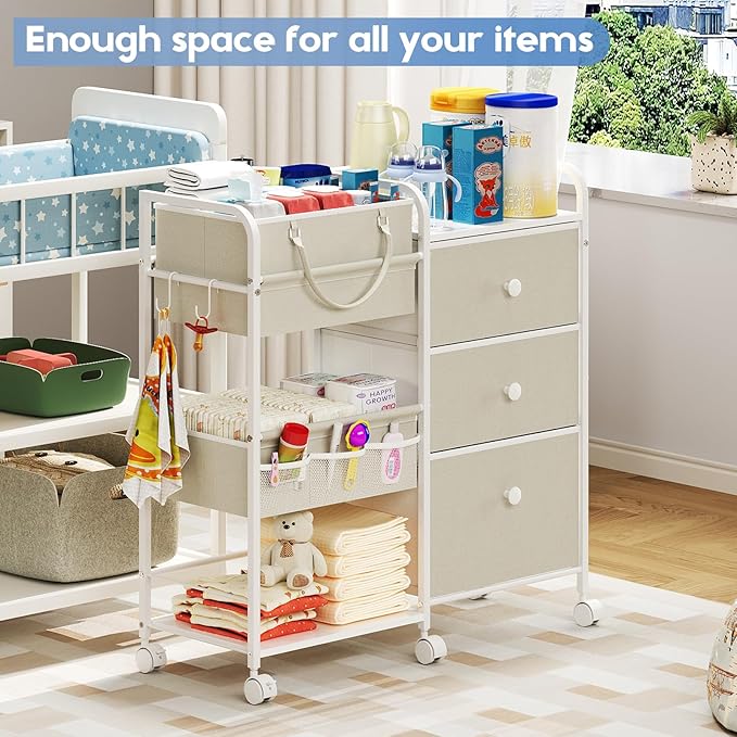 2In1 Baby Diaper Caddy Organizers and Storage, 3 Tier Rolling Cart with Dividers and Drawers, Mobile Utility Cart Baby Dresser Clothes Organizer for Changing Table, Crib Nursery, Bedroom