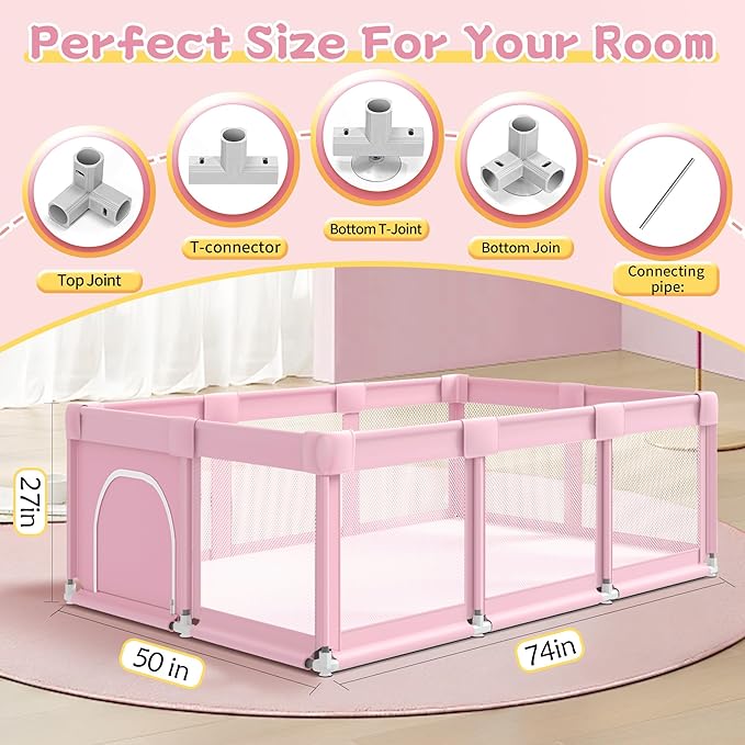 Pink Large Baby Playpen, Playpen 74x50 for Girl, Large Baby Play Yards Indoor & Outdoor, Sturdy Safety Girls Play Pen with Soft Breathable Mesh, Toddlers Activity Center with Anti-Slip Base