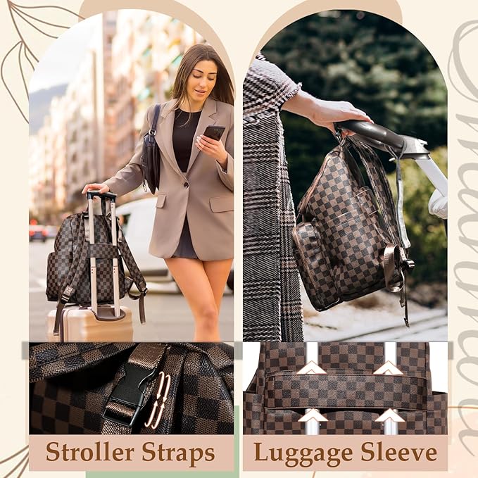 Omanmoli Checkered Diaper Bag Backpack Large Baby Diaper Bag Leather with 17 Diaper Bag Organizing Pouches,Changing Pad,Stroller Straps,4 Insulated Pockets, Coffee