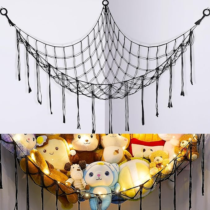 Basumee Stuffed Animals Net or Hammock with LED Light, Hanging Stuffed Animals Storage Toy Hammock Net Corner Wall Girls Room Decor Toy Storage Organizer, Black, L