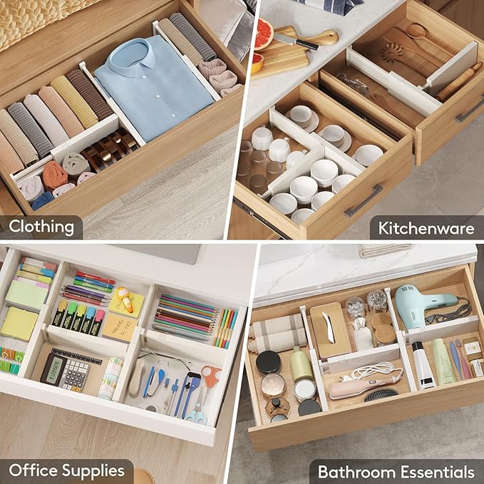 Lifewit 8 Pack Drawer Dividers 4" High, 11-17" Adjustable Dresser Drawer Organizers for Clothes, Expandable Dresser Separators in Bedroom/Bathroom/Kitchen/Vanity/Office Organization and Storage, Beige