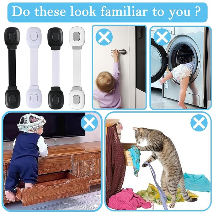 Fursafe&Q Baby Cabinet Locks, Child Safety Cabinet Proofing -Child Safety Strap Locks Adhesive Drawer Fridge Ovens Door Toilet Latches No Drill Multi-Purpose for Furniture Kitchen Lock (WB, 2Pack)