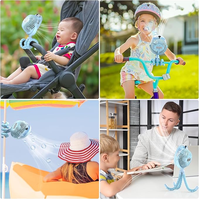 2025 Upgarded 4000mAh Misting Baby Stroller Fan, Rechargeable Battery Operated,Max 15Hrs Cooling,50ml Portable Water Sprayer Misting Fan with Flexible Tripod Clip on Car Seat Crib Treadmill Bunk Bed