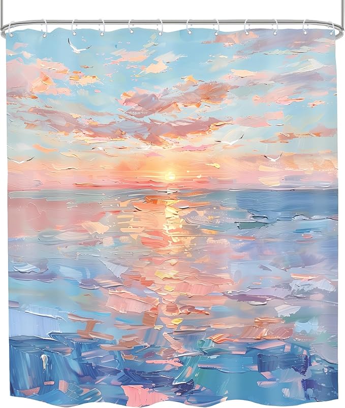 Beach Shower Curtain Ocean Beachy Abstract Blue Coastal Sunset Modern Sea Summer Nature Landscape Hawaii Seashore 60Wx72H Bathroom Decor Oil Painting Bath Curtain Fabric Polyester 12 Pack Hook