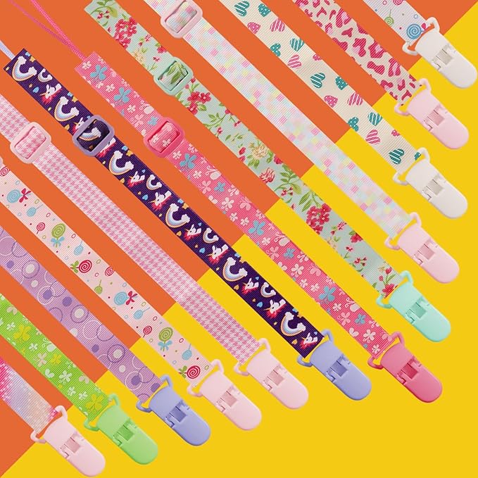 12 Pack Pacifier Clips with Adjustable Strap (32-46.5cm) - Premium Polyester Baby Pacifier Holder Set, Multi-Design Clips for Boys Girls (Multi Color A)