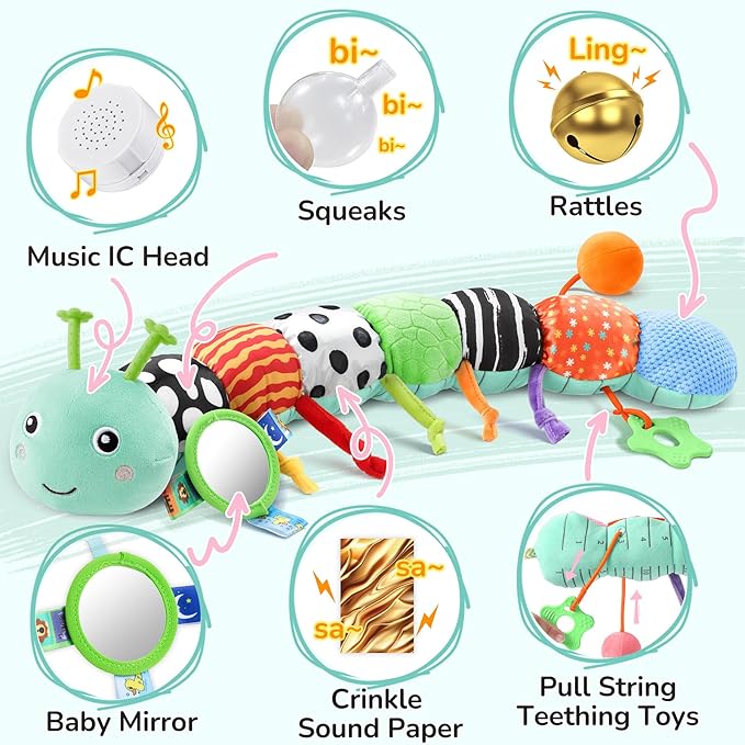 Baby Toys 6-12 Months Music Caterpillar,Stuffed Animals Infant Toys 0-3-6 Months,Teething Sensory Toys Tummy Time with Mirror Crinkle Rattle&Pull String for Boys Girls Gifts Birthday|Blue