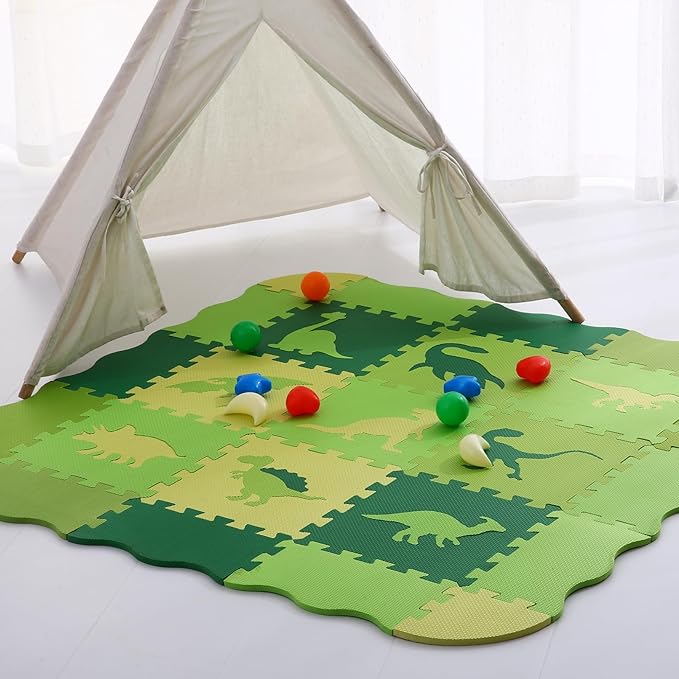 Tamiplay Foam Play Mat for Kids,25Pcs Square Interlocking Puzzle Floor Mat,Baby Play Mat Floor Mat Foam Puzzle Playmat for Toddlers with Fence - Green Dinosaurs