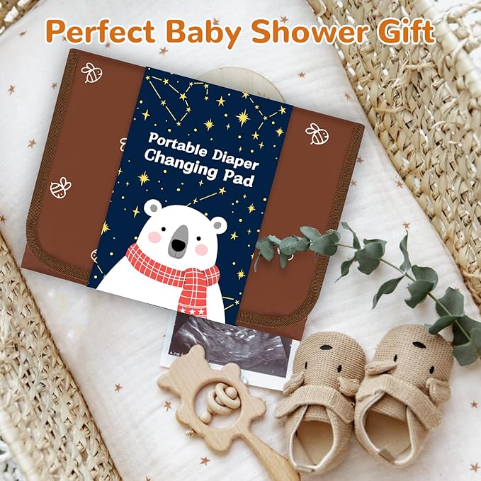 Coinarin Portable Diaper Changing Pad, Waterproof Baby Changing Mat, Foldable Travel Baby Changing Station, Newborn Essential Baby Shower Registry Gift (Brown-Bee)