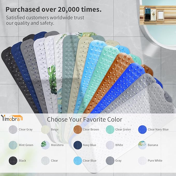 Yimobra Non Slip Bathtub Mat 40 x 16 Inch, Extra Long Shower Mat with Drain Holes, Machine Washable Baby Bath Mats, Strong Suction Cups for Bathroom Floor, Clear Navy Blue