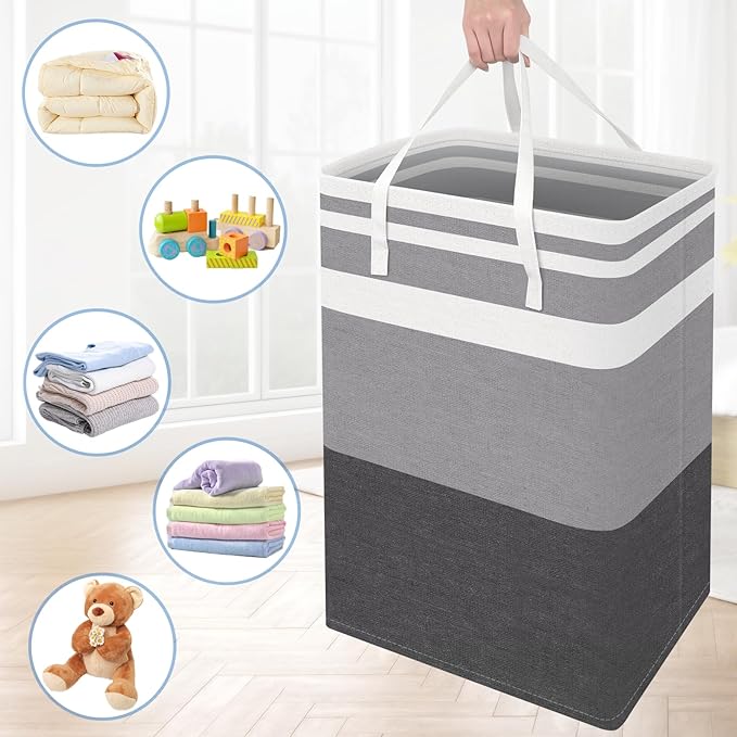 BlissTotes 3-Pack Laundry Basket, Freestanding&Waterproof Laundry Hamper, Collapsible Tall Clothes Hamper with Easy Carry Handles for Clothes, Towels in the Family and Dorm,Gradient Grey,88L