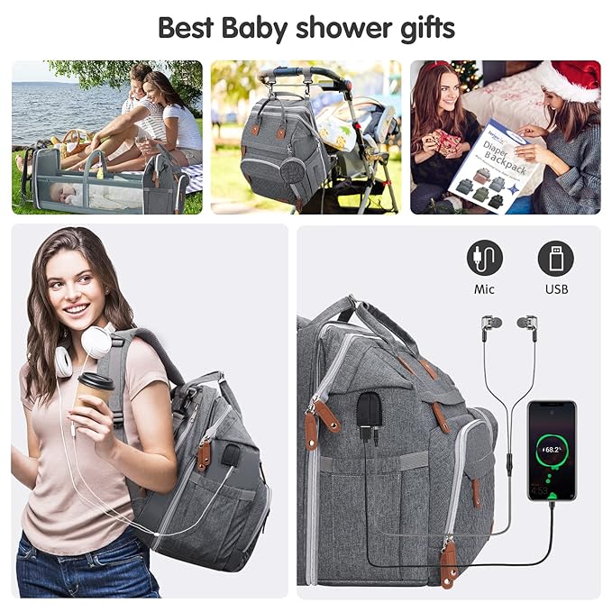 DERJUNSTAR Baby Diaper Bag Backpack with Changing Station Large Capacity Baby Bag for Boys & Girls, USB Charging Port, Pacifier Case, Sunshade & Toy Bar, Waterproof