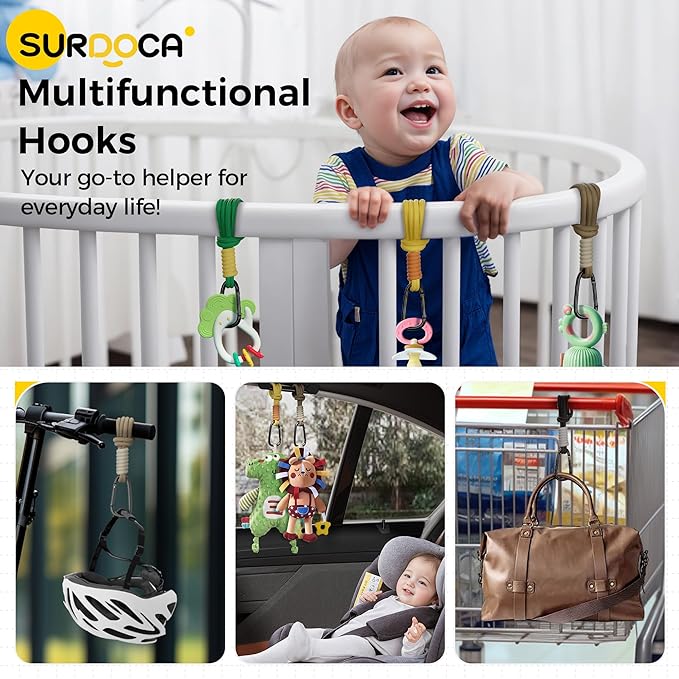 SURDOCA Baby Stroller Hooks, Stroller Clips and Hooks for Diaper Bag, Mommy Bag Hook for Stroller Heavy Duty, Universal Stroller Hanger and Strap