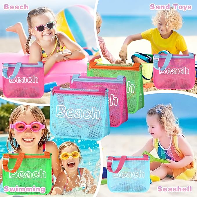 Iqimott 3Pcs Kids Letter Beach Shell Bag, Seashell Mesh Zipper Beach Pouch, Shell Collecting Bag for Holding Shells