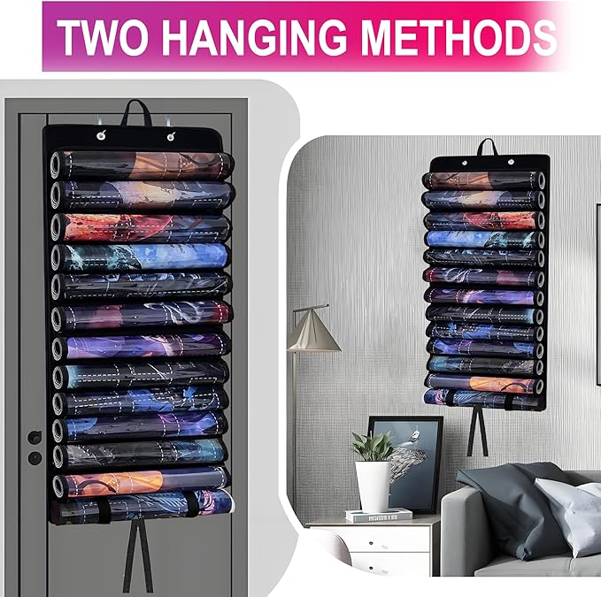 Playmat Holder, Playmat Tube Storage Bag for MTG with 2 Hooks, Fits 12+1 Game Mats & Tubes with Transparent Plastic Slots, Portable Organizer Case for TCG/RPG Mat (Blue)