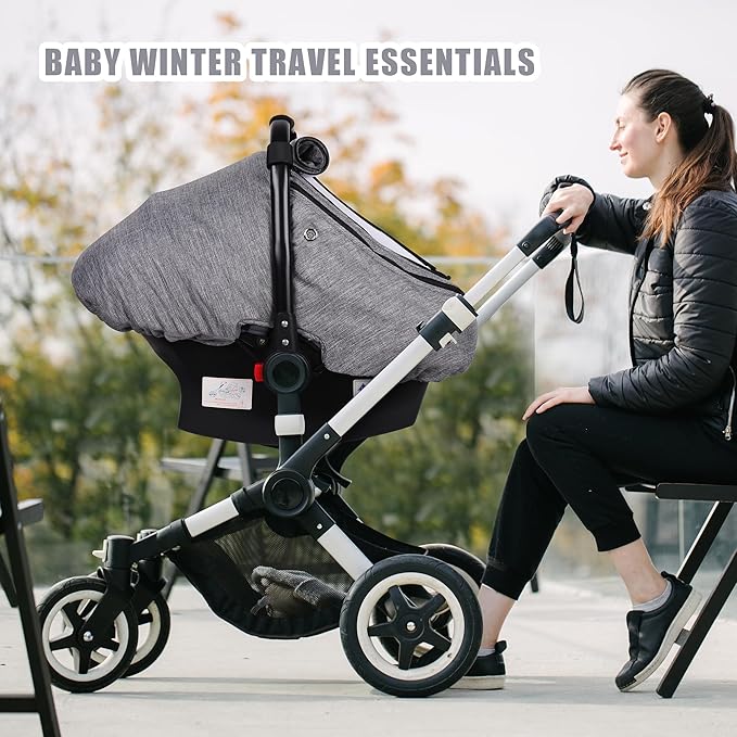 Rquite Car Seat Cover Baby, Carseat Covers Boy Girl, 2 Layers Window -Breathable Mesh & Wind/Sun Shade, Infant Car Seat Canopy Baby Carrier/Stroller Cover, Fit Spring, Fall, Winter, Cold Weather