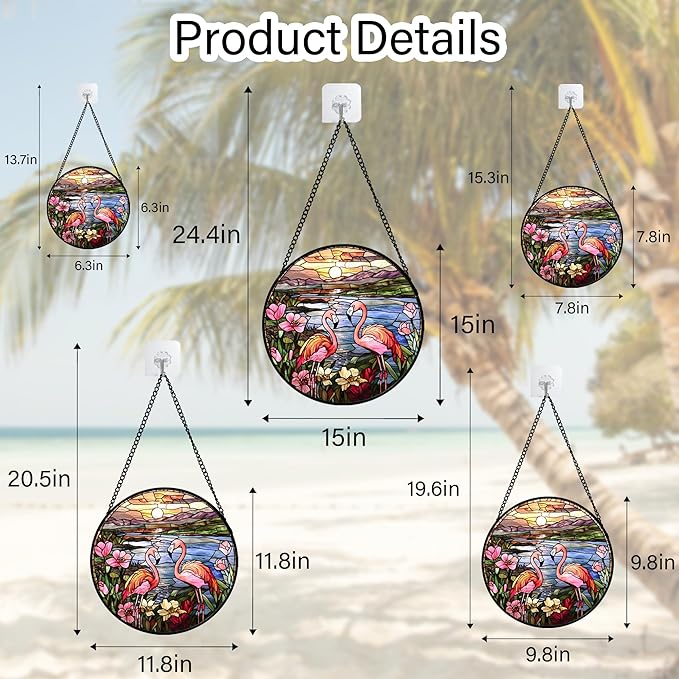 JOSUMALY Stained Glass Window Hanging - Flamingo Wildflowers Landscape Suncatcher for Door Terrace Garden Home Decor Sunset Lake Sun Catcher Birthday Gifts for Lovers Women Men Dad Mom Nana 15 in