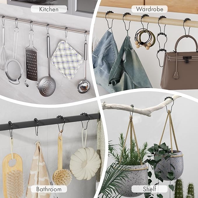 Amazer Shower Curtain Hooks, Decorative Rust Proof Stainless Steel Shower Curtain Hooks for Bathroom Shower Rods Set of 24, Matte Black