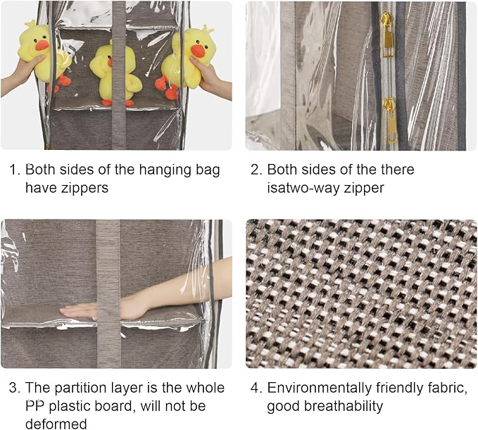 JINOKADI Clear Hanging Handbag Storage Organizer with Zippers, Door Purse Organizer Space Saving 4 Pockets for Closet Bedroom Living Room (Brown)