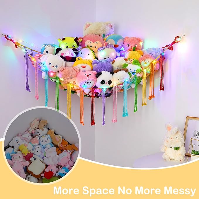Basumee Stuffed Animals Net or Hammock with LED Light, Hanging Stuffed Animals Storage Toy Hammock Net Corner Wall Girls Room Decor Toy Storage Organizer, Rainbow, L