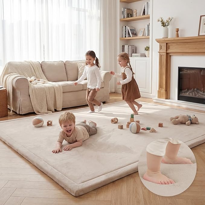 Large 79"x110" Baby Activity Play Mat for Floor,1.3" Thick Elasti Foam Cushion Mat for Tummy Time & Crawling,Non-Slip&Safe for Infants,Toddlers & Kids, for Living Room,Classroom & Playroom(Beige)