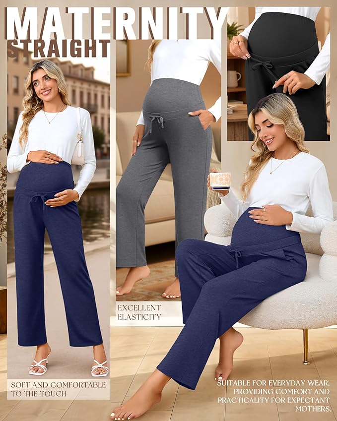 3 Pcs Maternity Sweatpants Over The Belly Pregnancy Straight Wide Leg Elastic Drawstring Pants Joggers with Pockets