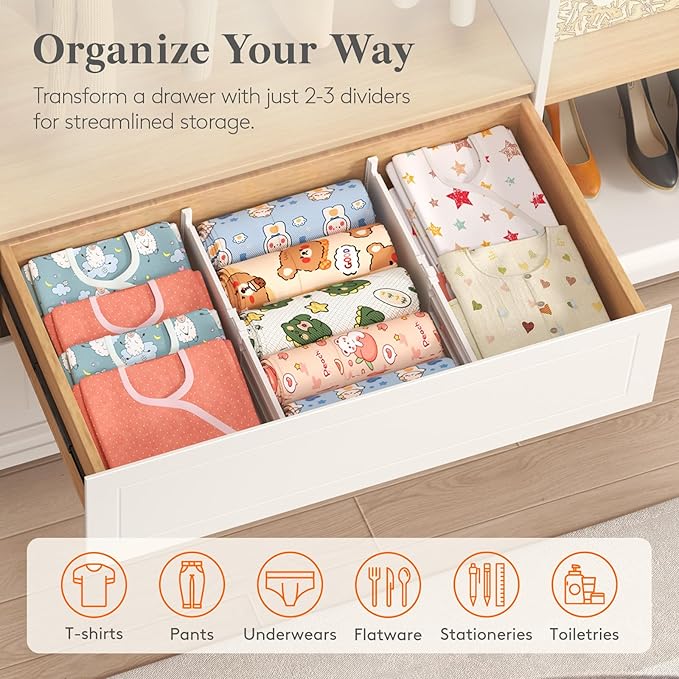 Lifewit 5" Tall 6 Pack Drawer Dividers, 30-47cm/11.5-18.5" Expandable Drawer Divider for Clothes, Adjustable Dresser Drawer Organizers, Drawers Separators for Dresser/Bathroom/Closet/Kitchen White