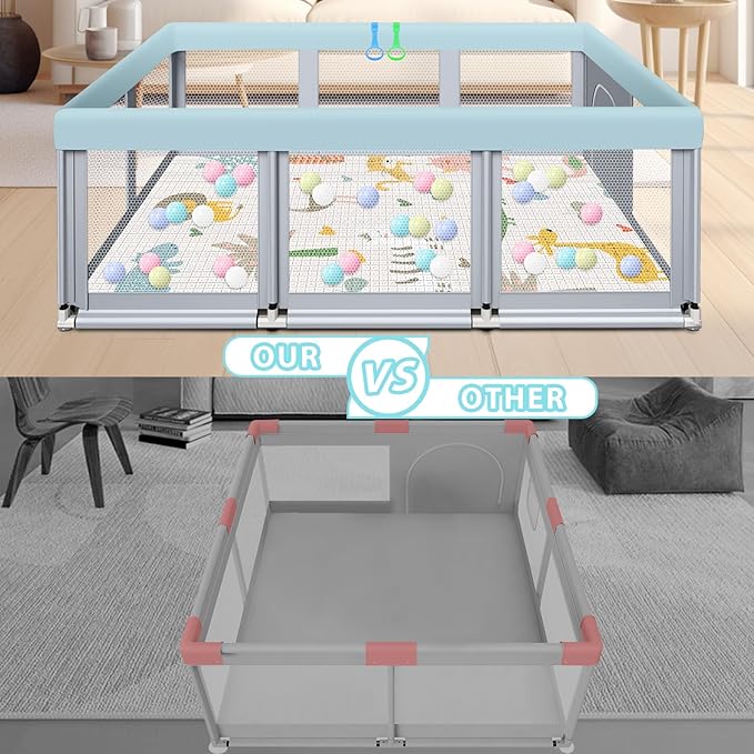Fshibila 74" ×50" Large Baby Playpen, Baby Playard for Babies and Toddlers, PlayPen for Indoor & Outdoor, Sturdy Safety Play Yard with Soft Breathable Mesh, Ball x 18, Handle x 2, Mat x 1, Grey