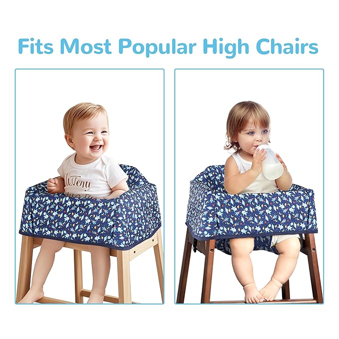 Dual-Belt High Chair Cover, Baby High Chair Cover, Upgrade Version, for Wooden or Restaurant High Chair, Sturdy and Robust Material, Blue Space