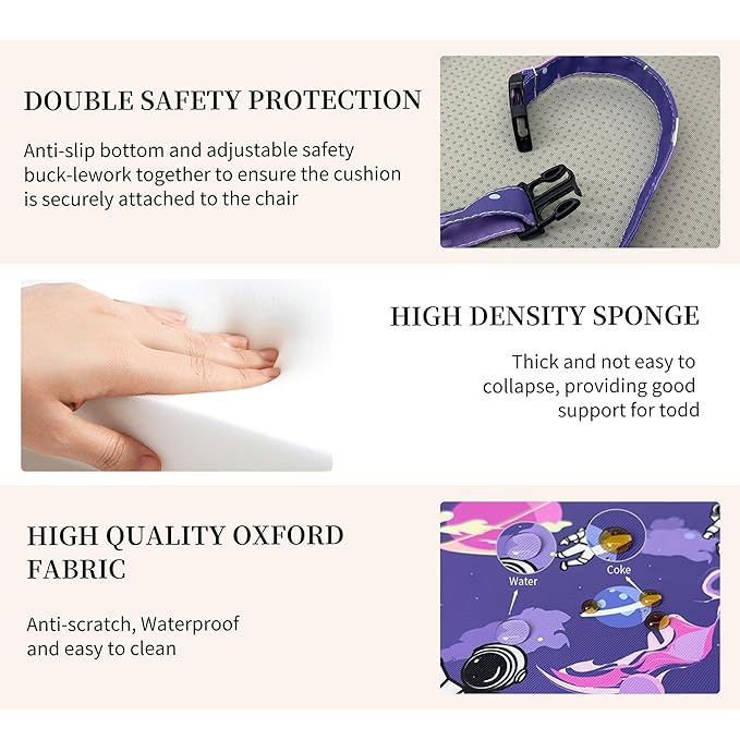 Toddler Booster Seat for Dining Table, Waterproof Kids Booster Seat for Kitchen Chair, High Density Foam Cushion with Non-Slip Bottom, Washable Cover & Adjustable Straps (Purple Starry Sky)