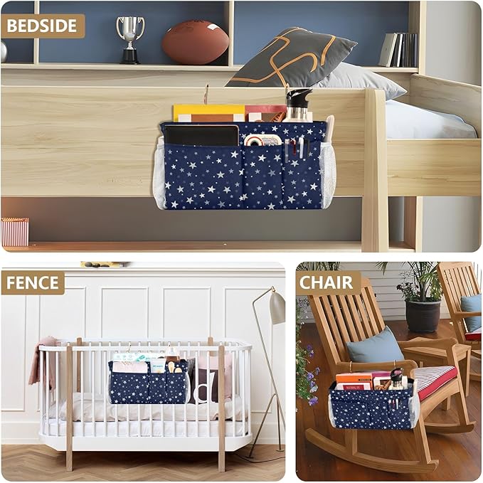 Bedside Caddy Hanging Bunk Bed Caddy Bed Organizer Hanging Pocket with 2 Hooks Bedside Storage Organizer Pocket Bag Holder Stars Dark Blue