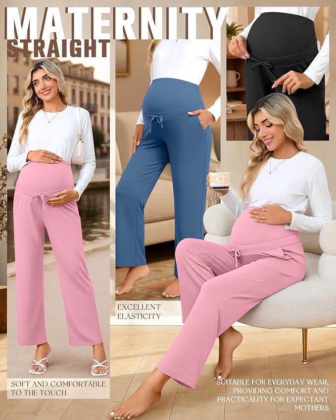 3 Pcs Maternity Sweatpants Over The Belly Pregnancy Straight Wide Leg Elastic Drawstring Pants Joggers with Pockets