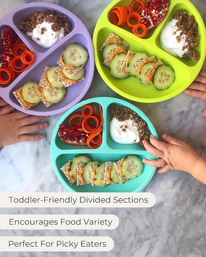 Hippypotamus Toddler Plates with Suction - Baby Plates - 100% Food-Grade Silicone Divided Plates - BPA Free - Dishwasher Safe - Set of 3 (Lavender/Lime/Teal)