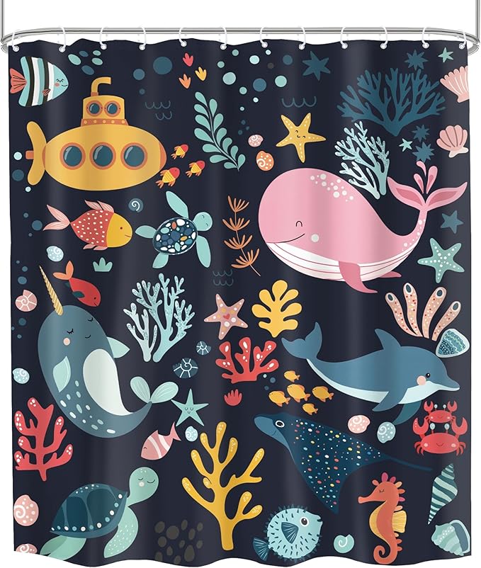 Kids Shower Curtain Ocean Whale Cute Cartoon Funny Sea Animal Fish Bathroom Decor Underwater Coastal Submarine Nursery Baby Boys Girls Black 60Wx72H Bath Curtain Fabric Polyester 12 Pack Hooks