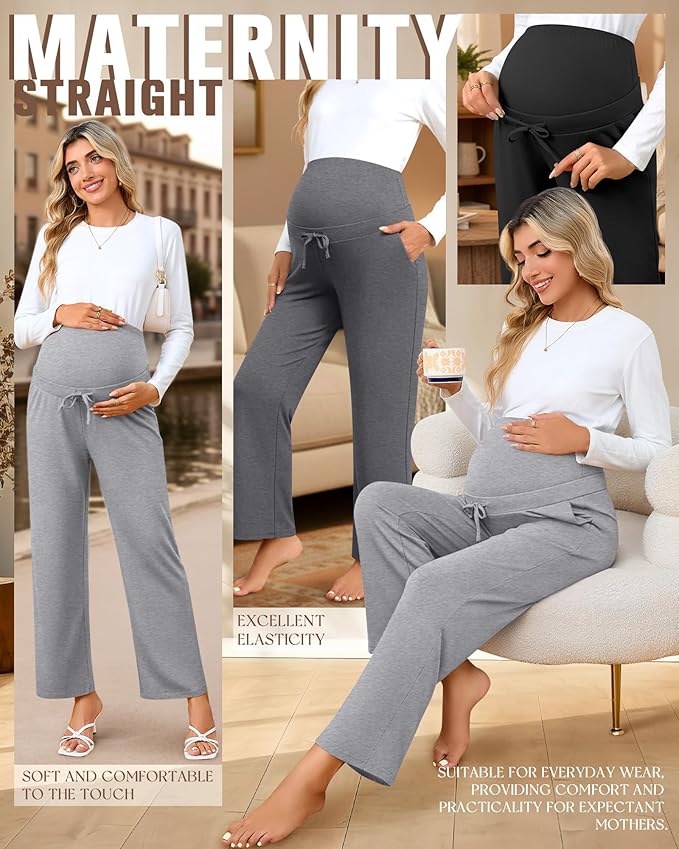 3 Pcs Maternity Sweatpants Over The Belly Pregnancy Straight Wide Leg Elastic Drawstring Pants Joggers with Pockets