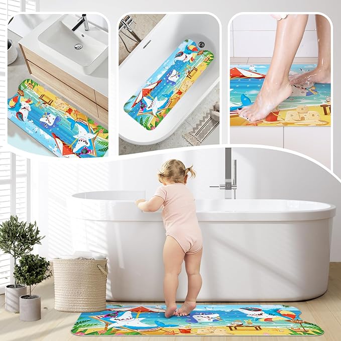 SHUCHING Baby Bath Mat for Tub Non Slip-40 X 16 Inch, Bathtub Mat Non Slip for Kids, Toddler Long Shower Mat for Bathroom, Shark