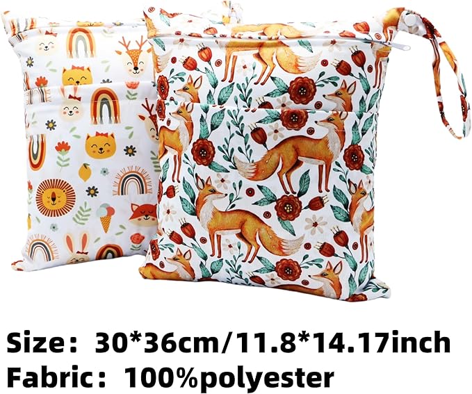 Asenappy 2pcs Cloth Diaper Wet Dry Bags Waterproof Reusable with Two Zippered Pockets Travel Beach Pool Daycare Soiled Baby Items Yoga Gym Bag for Swimsuits or Wet Clothes (FOX)