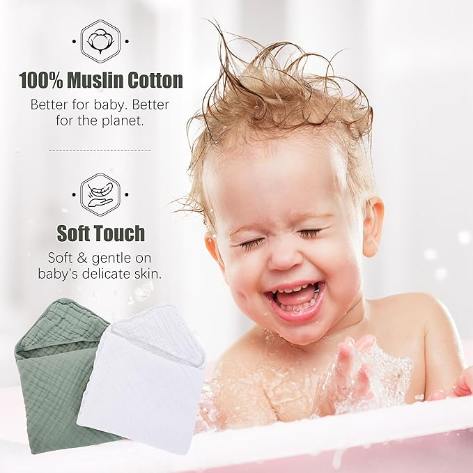 Spotted Play 2 Pack Hooded Baby Towels - 100% Muslin Cotton for Newborns, Infants, Toddlers - Large 32x32Inch Size - Highly Absorbent and Essential for Newborn Care, White and Green