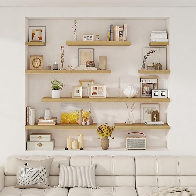 Fun Memories 12 Inch Square Floating Shelves 3 Pack - Wall Shelves with Invisible Brackets, Small Floating Shelves for Wall, Oak Wood Shelves for Bathroom, Living Room, Bedroom, and Kitchen Decor