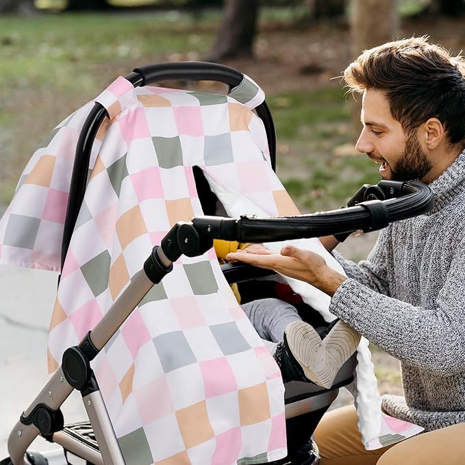 DILIMI Baby Car Seat Cover, Minky Warm Car Seat Covers for Babies, Peekaboo Opening Infant Car Seat Cover, Nursing Cover Carseat Canopy, Colorful Checkered