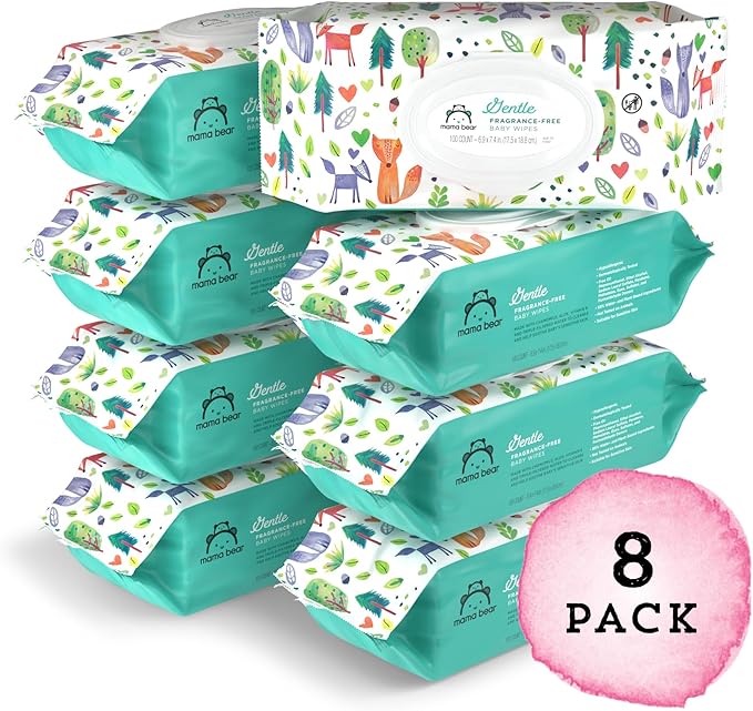 Amazon Brand - Mama Bear Gentle Formulated without Fragrance Baby Wipes, Hypoallergenic, Sensitive Skin, Unscented, 800 Count (8 Packs of 100)