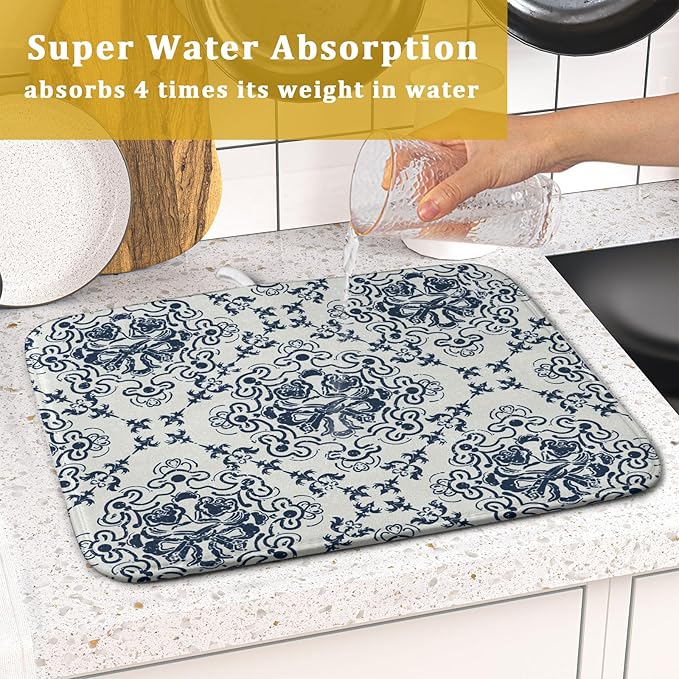 Bohemian Grey Retro Dish Drying Mat for Kitchen Counter,Boho Abstract Flower Art Drying Mat 16 x 18 Inch Microfiber Dish Drying Pad Dish Rack Pad Drainer Mat for Coffee Bar