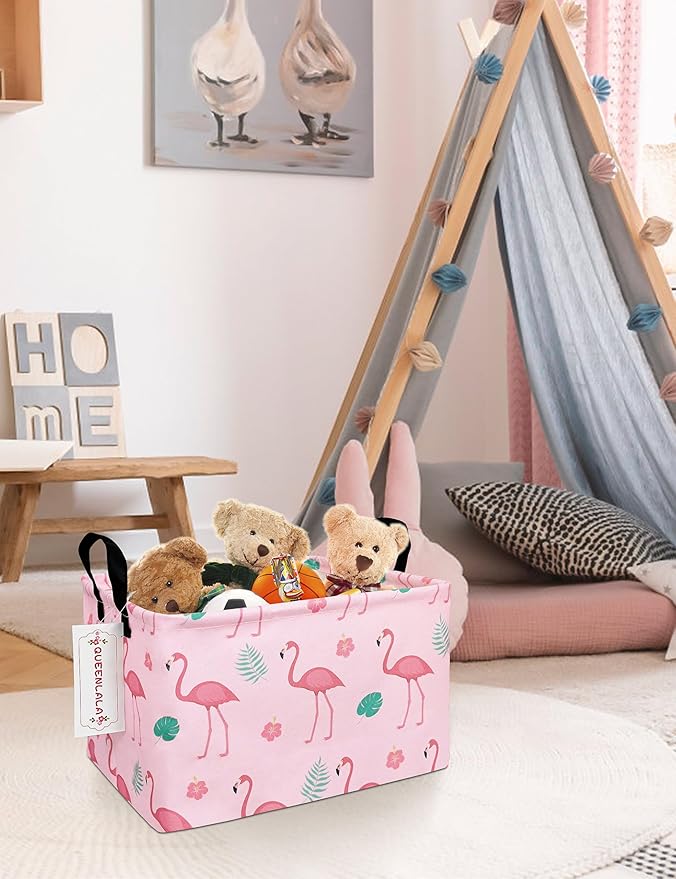 QUEENLALA Rectangular Laundry Hamper/Foldable Nursery Laundry Basket for Organizing/Storage Bin Baskets/Children Toy Office Bedroom/Toy Bin Closet Shelf Baskets(Rec-Pink Flamingo)