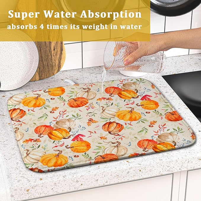 Autumn Fall Dish Drying Mat for Kitchen Counter Watercolor Pumpkin Maple Leaves Drying Mat 16 x 18 Inch with Absorbent Reversible Microfiber Dish Drying Pad Dish Rack Drainer Mat for Coffee Bar