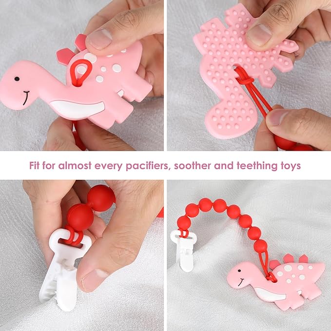6-Pack Silicone Pacifier Clips for Babies, Safe Teething Beads, Rust-Free Holders, Baby Boy and Girl Essentials, Newborn Must-Have Accessories, BPA-Free (Pink)
