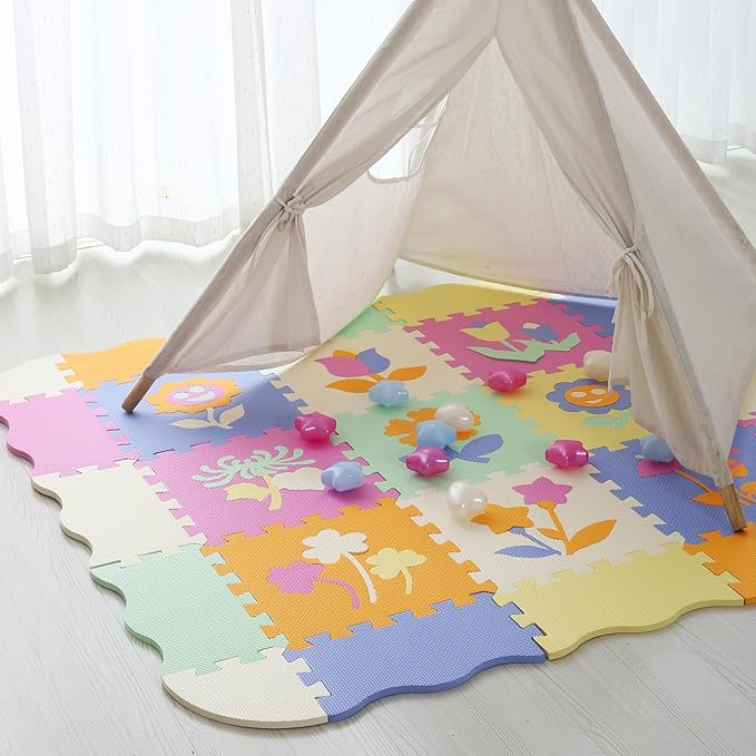 Tamiplay Foam Play Mat for Kids,25Pcs Square Interlocking Puzzle Floor Mat,Baby Play Mat Floor Mat Foam Puzzle Playmat for Toddlers with Fence(Flower-CSH037