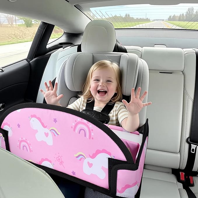 3PCS Kids Travel Tray for Airplane - Toddler Car Seat Table Tray, Road Trip Essentials for Boys & Girls, Carseat Lap Desk for Kids Road Trip Activities (Pink/Green-/Purple)
