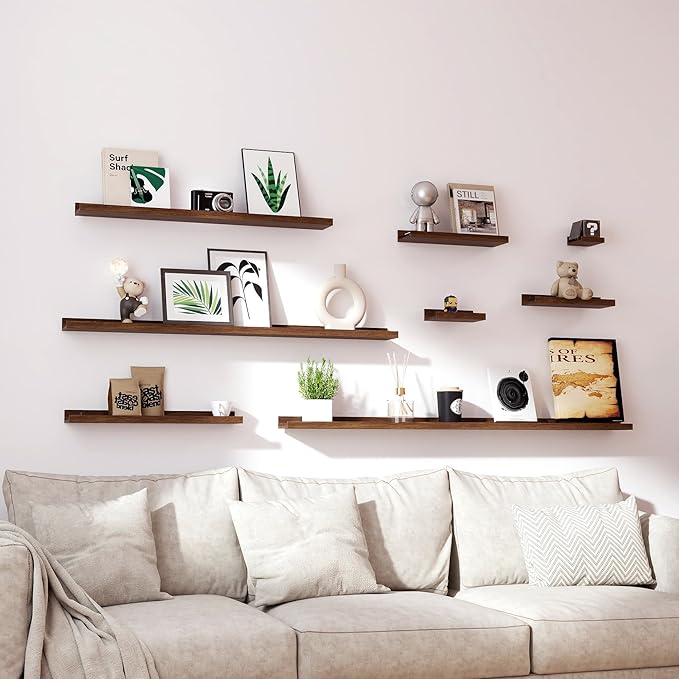 Floating Shelves for Wall Decor, Wall Mounted Wood Storage Shelf for Bedroom, Living Room, Bathroom, Kitchen, Nursery, Rustic Display Picture Ledge Shelf with Lip Set of 2-16 Inches, Walnut