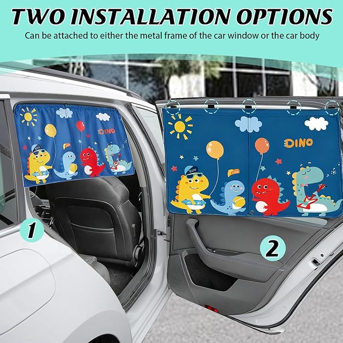 Car Window Shade for Baby, 2 Pack Magnetic Double Layer Cute Dinosaurs Car Sun Shade Side Window, Adjustable Privacy Blackout/See-Through Window Curtains for Baby Kids UV Protection