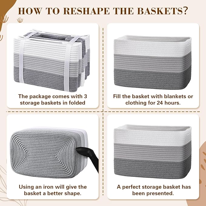 Degeyoyo Woven Storage Baskets, Baskets for Organizing, 3 Pack Woven Basket for Storage, Storage Baskets for Shelf, Towel, Toy, Book, Closet, Baby 15"×10"×9"